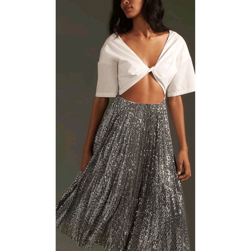 DELFI COLLECTIVE‎ Anthropologie Womens White Top Black Sequin Midi Dress Small - Picture 2 of 9